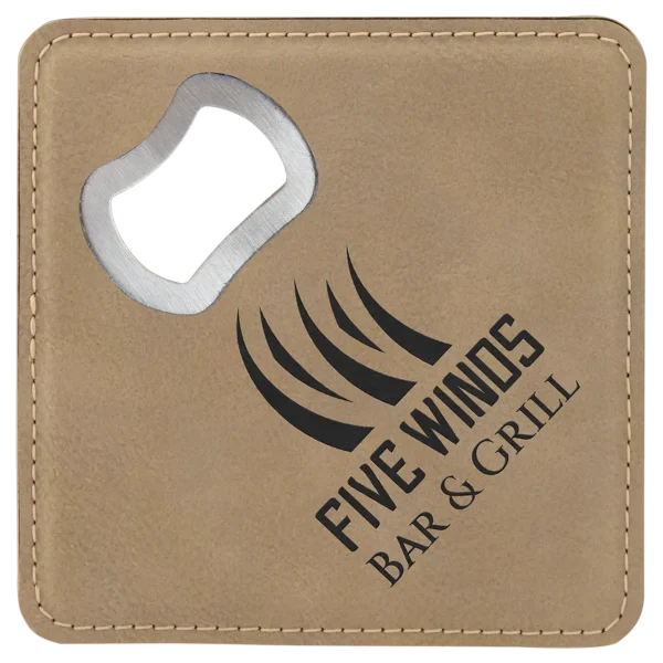 4" x 4" Square Light Brown Laserable Leatherette Bottle Opener Coaster - GFT1235