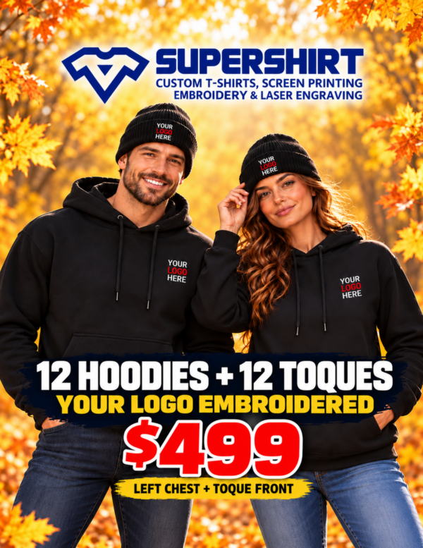 Supershirt 12 hoodies and 12 toques embroidered combo for $499
