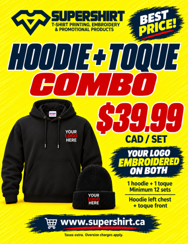 Hoodie + Toque Combo 99 CAD per set | Supershirt Supershirt hoodie and toque combo — $39.99 CAD per set, small logo embroidered on both, minimum 12 sets